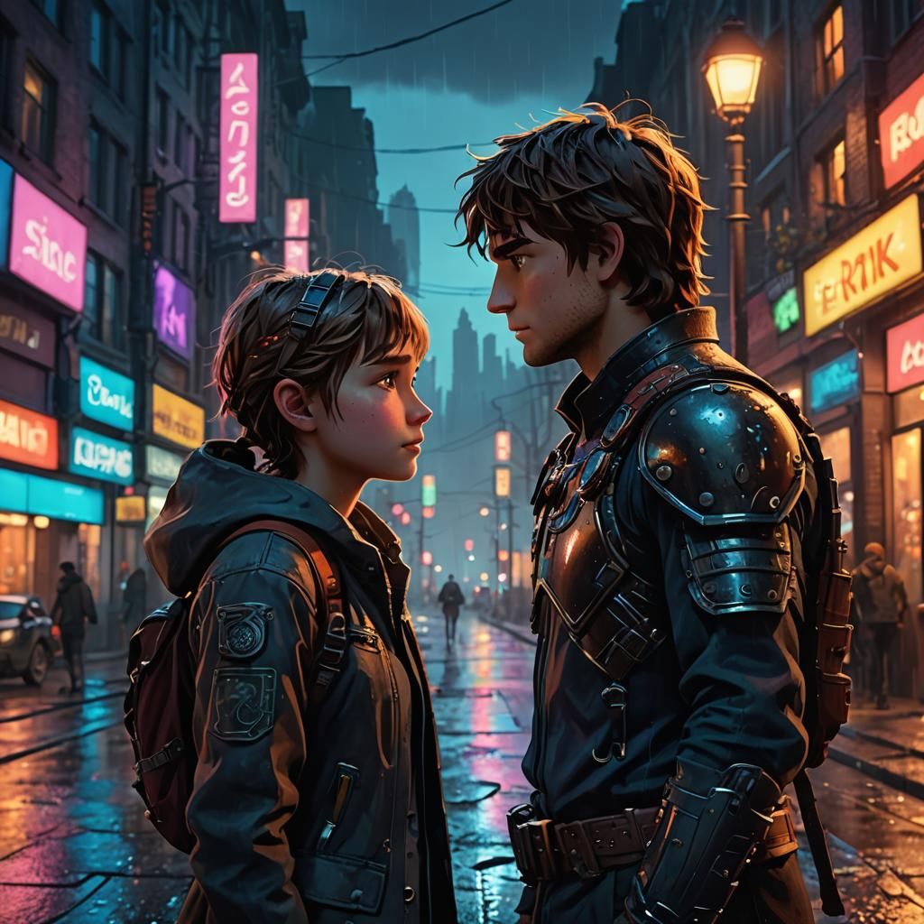 Astrid and Hiccup in a Neon Cityscape