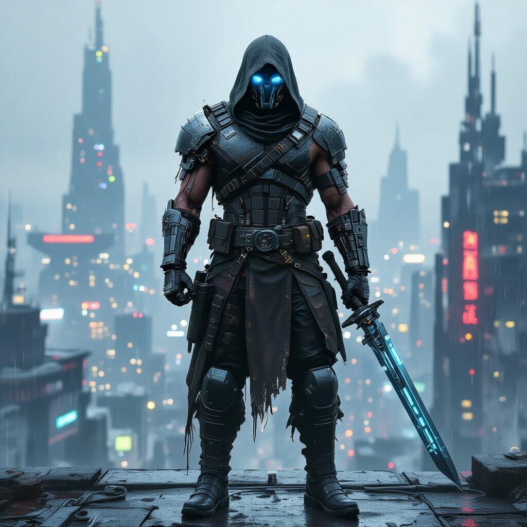 Cyberpunk Warrior Overlooking Dystopian Cityscape
