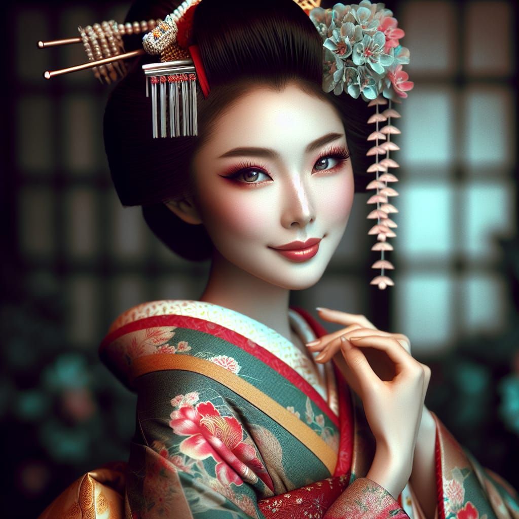 Elegant Geisha in Kimono with Intricate Details