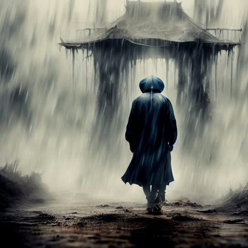 Joyful Human Reacts to Falling Rain in Close-Up Portrait