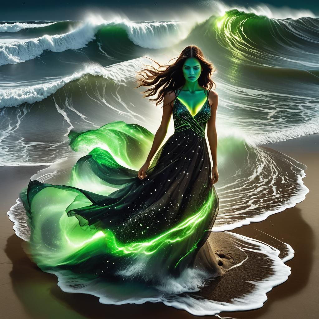 Woman and Approaching Wave in Double Exposure Style