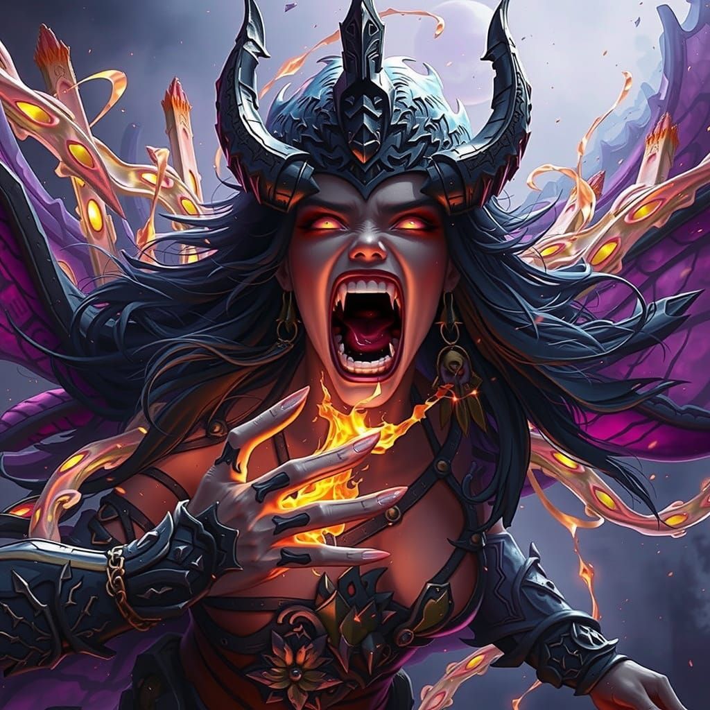 Dark Fantasy Banshee Character in Vivid Purple and Yellow