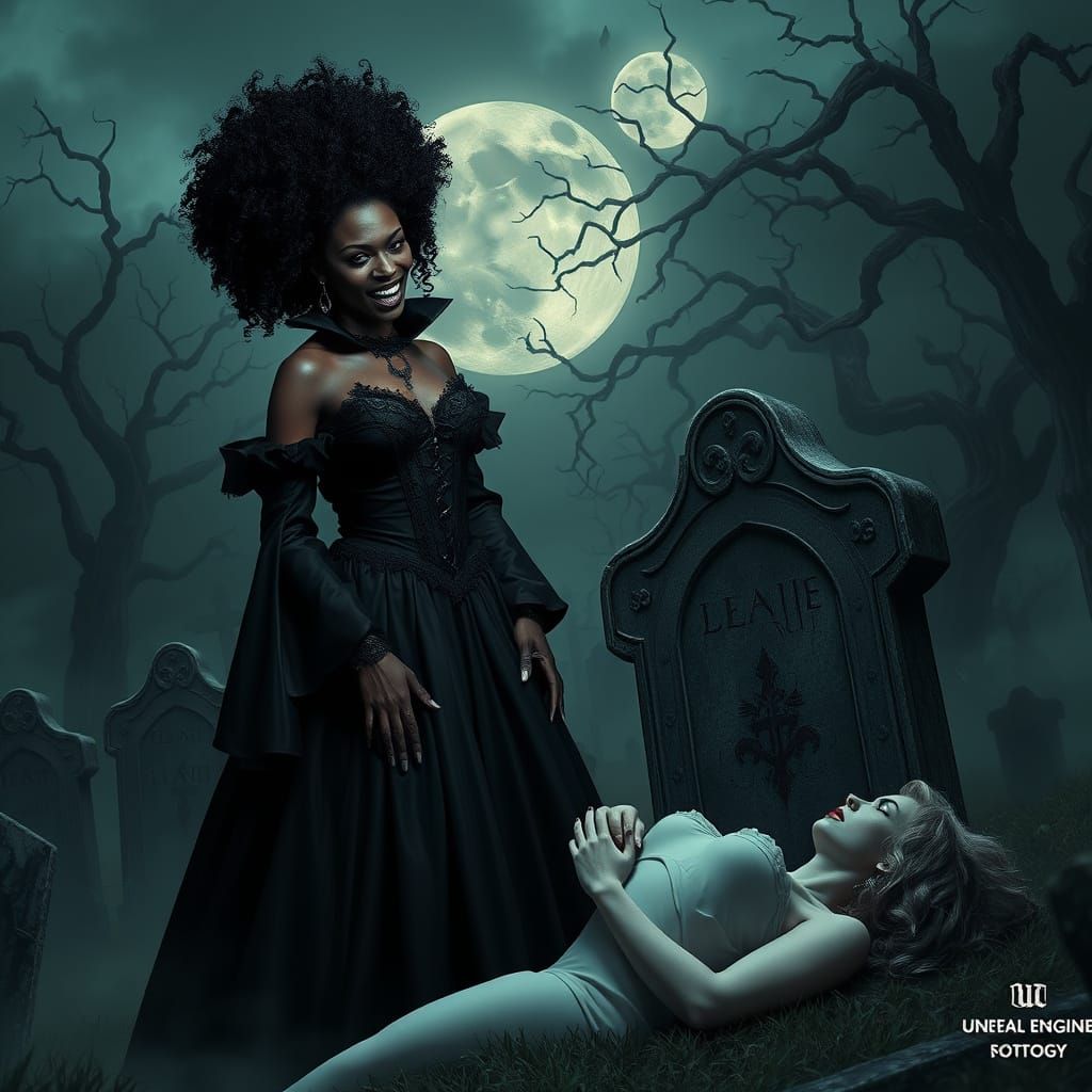 Gothic Vampire Goddess Lurks in Dark, Misty Graveyard