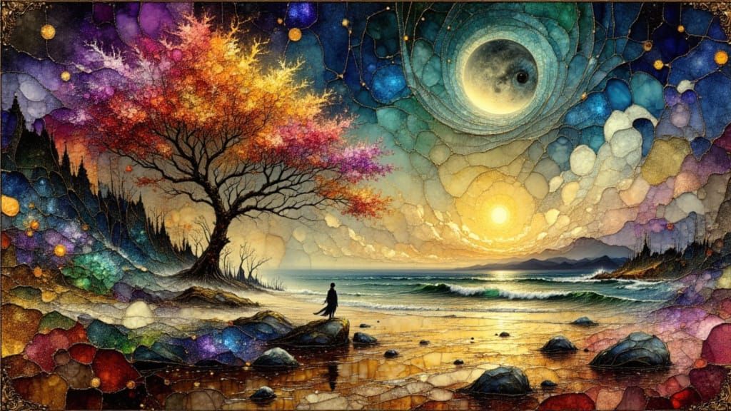 Surreal Metallic Landscape with Celestial Body