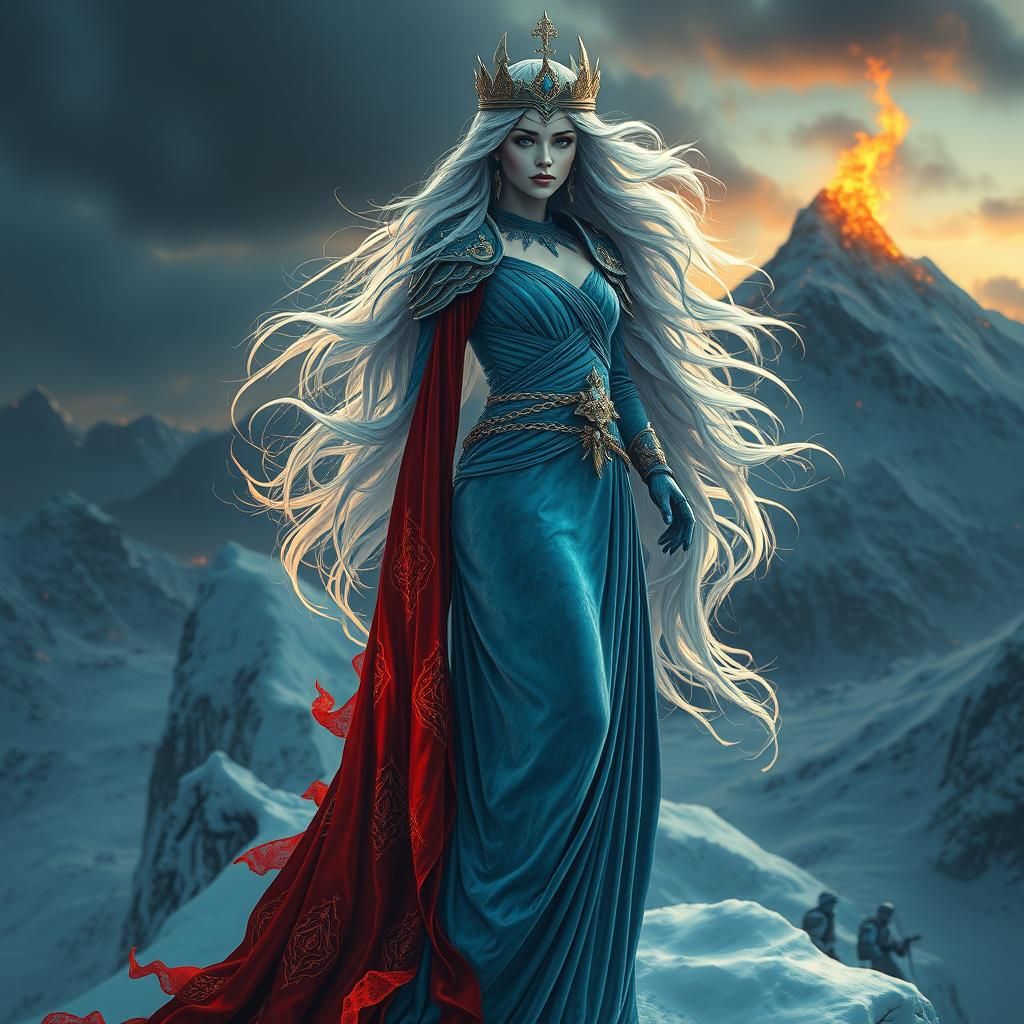 Goddess on Snowy Peak: Surreal Digital Portrait