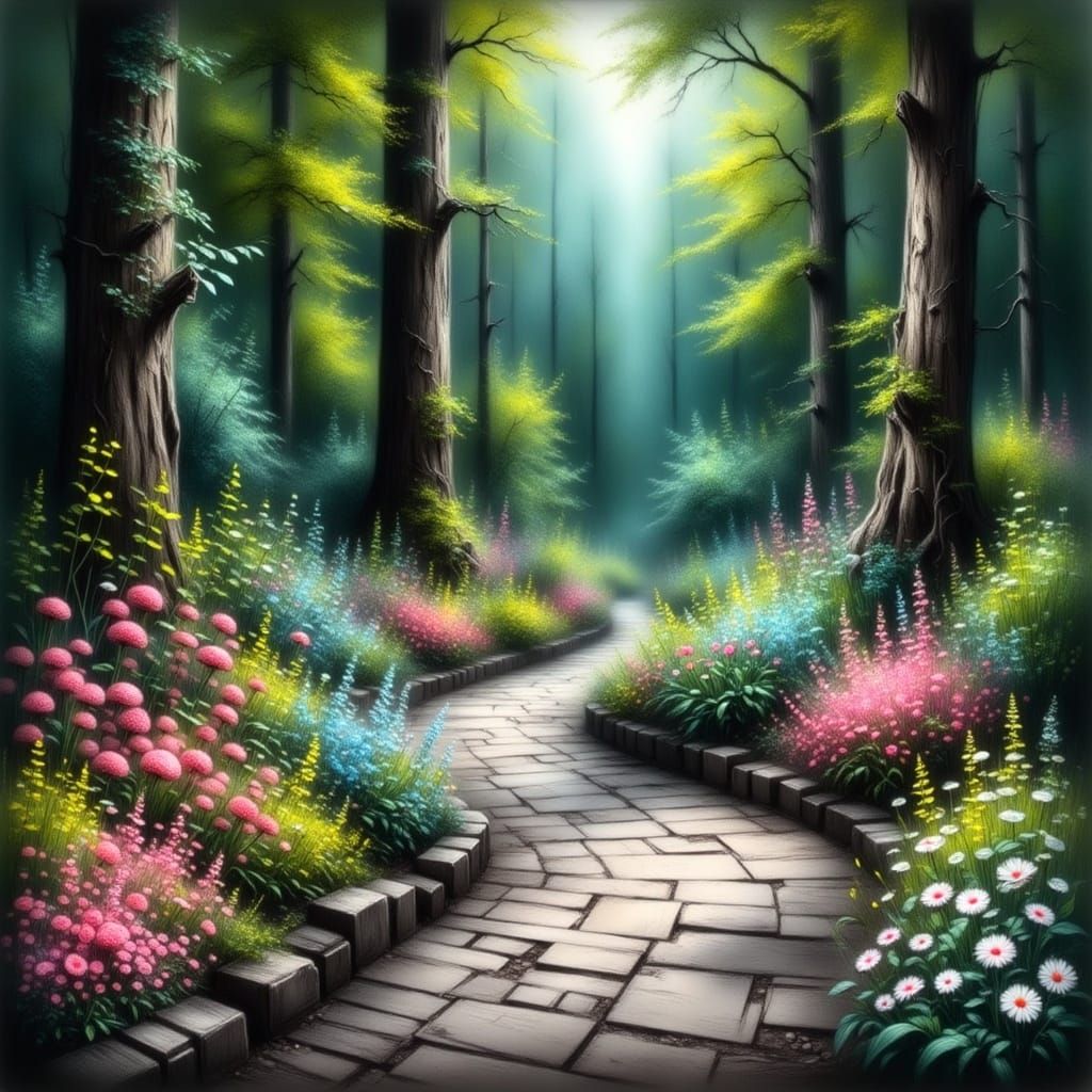 Cobblestone Path Through Enchanted Forest