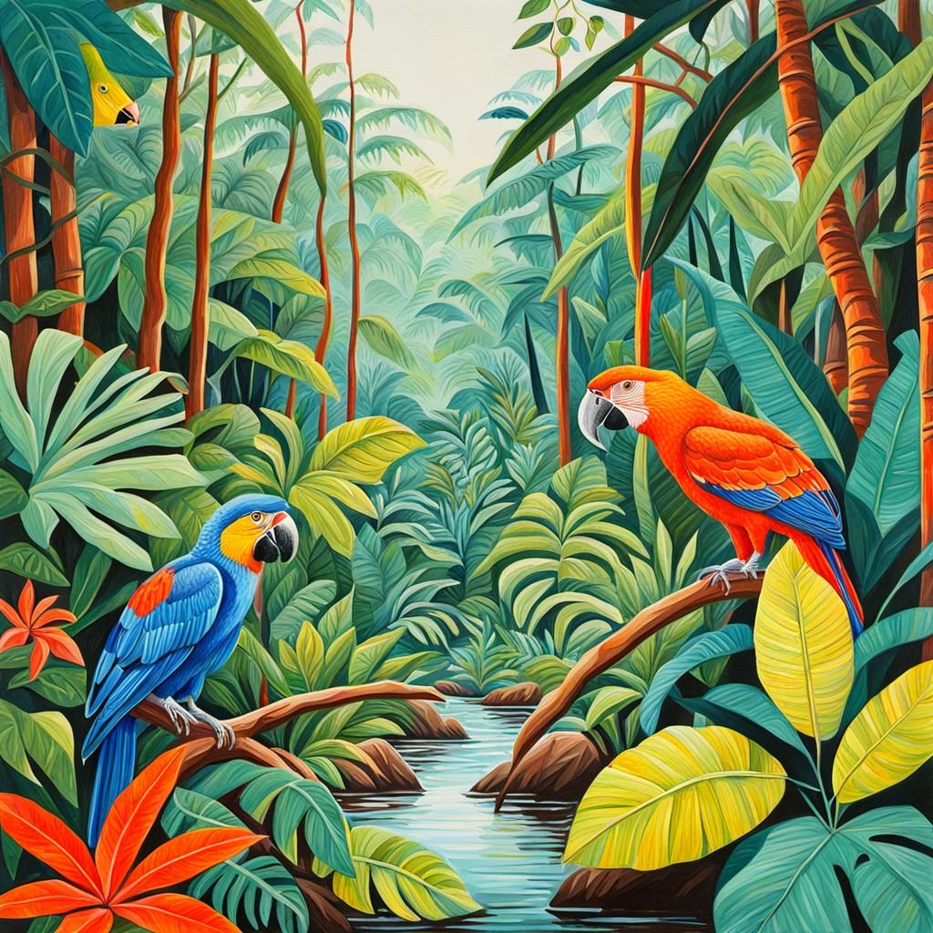 Detailed Gouache Painting of a Vibrant Jungle