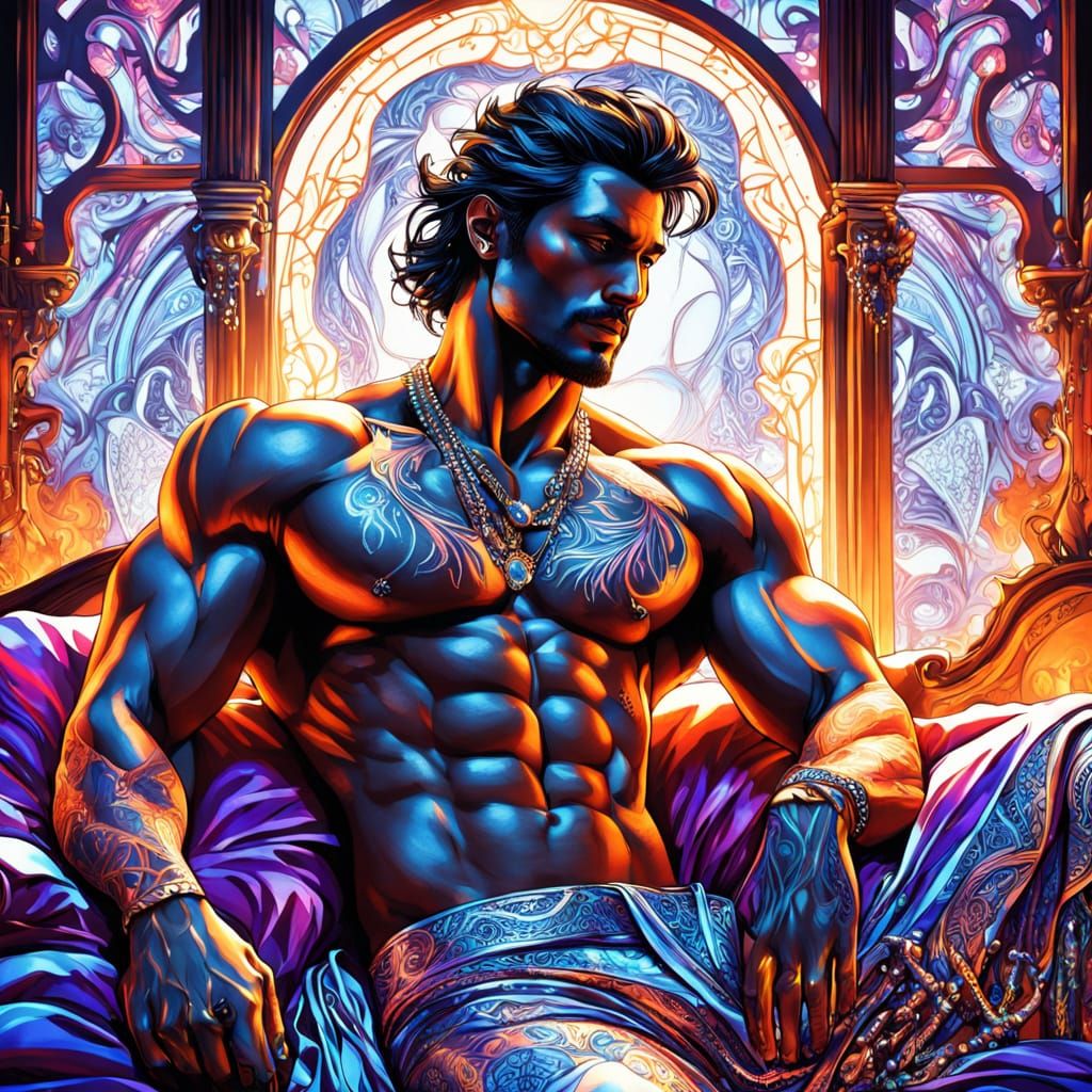 Divine Male Physique in Opulent Setting, Neon Ink Art