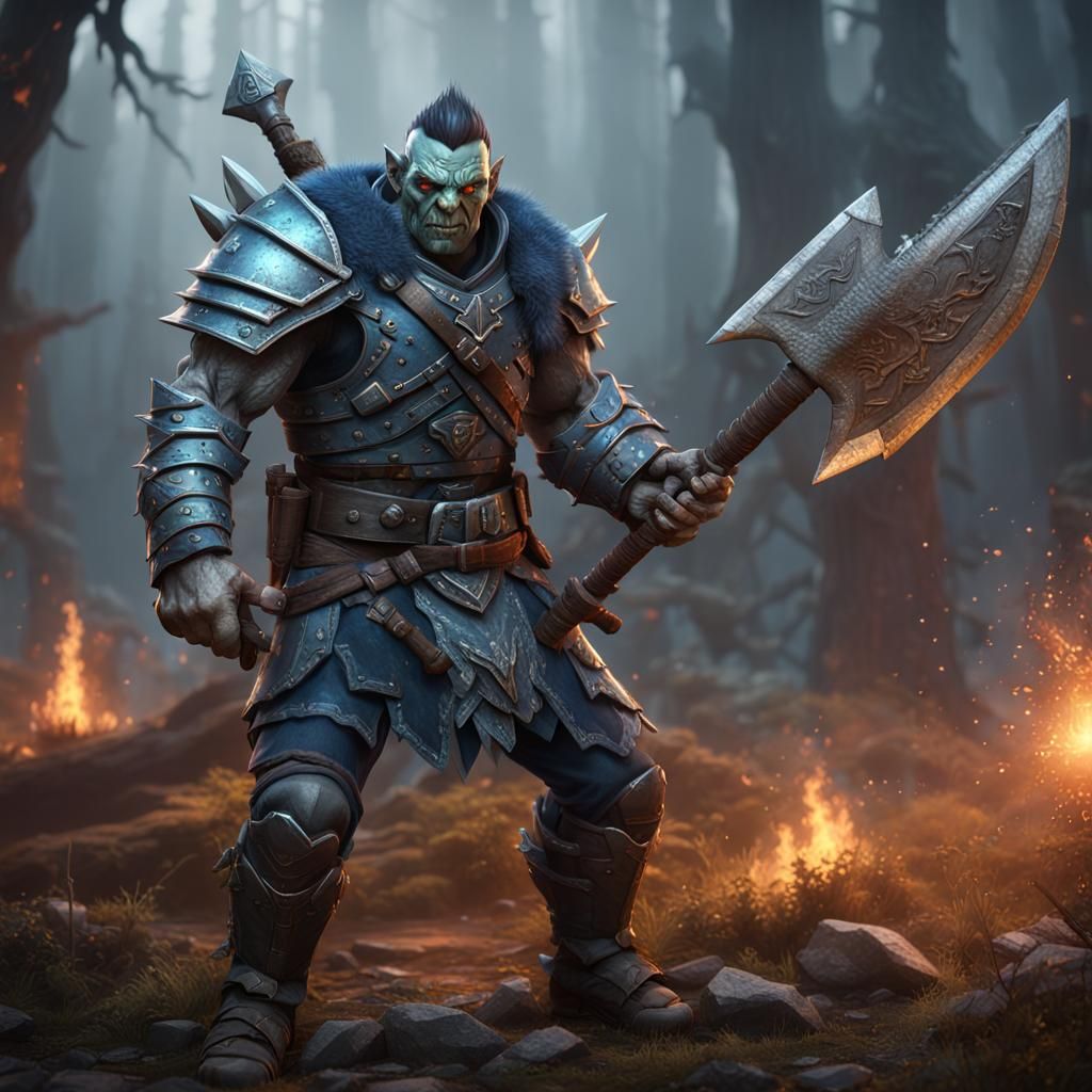 Half-Orc Soldier with Great Axe, Detailed Matte Painting
