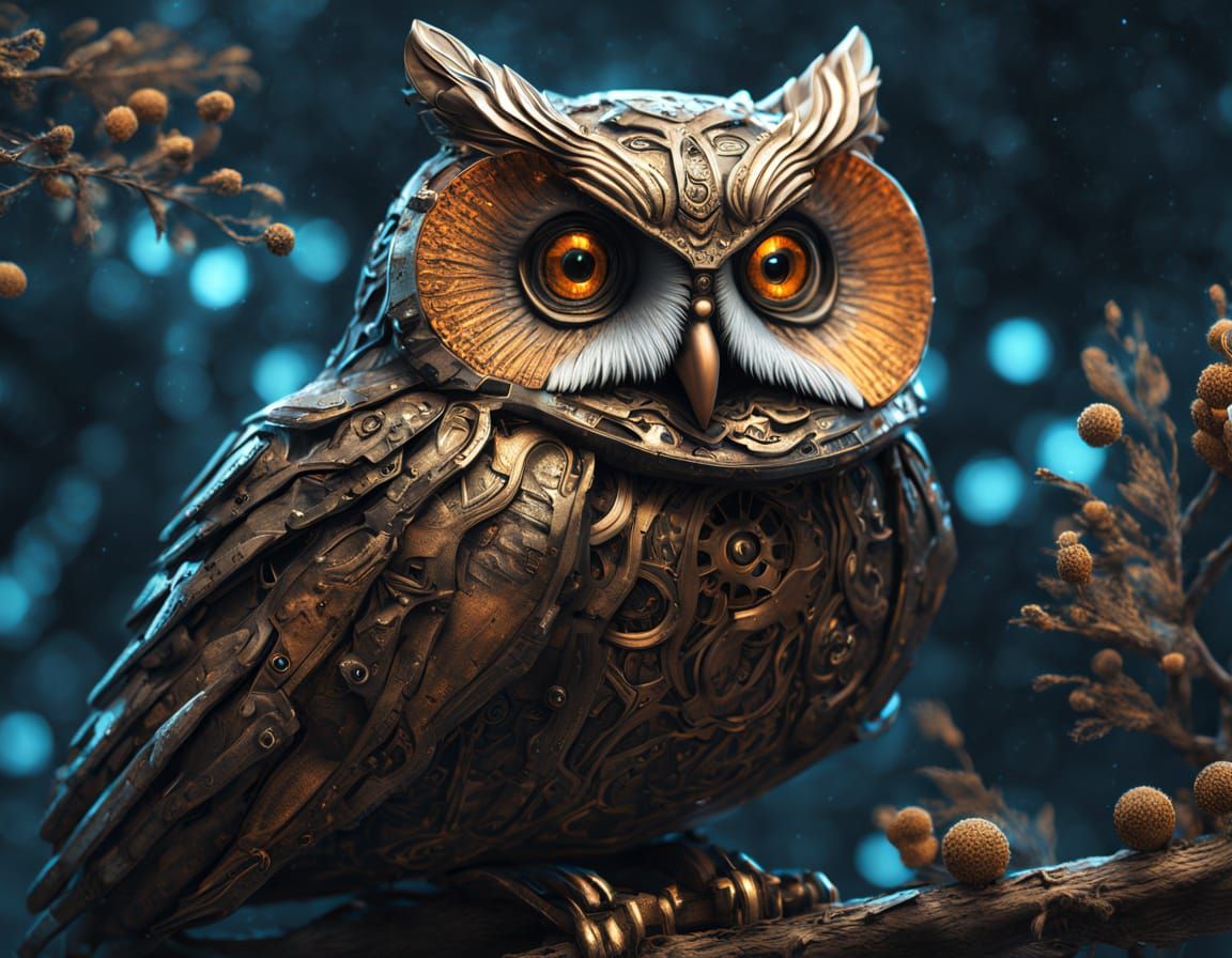 Clockwork Owl on Binary Code Branch in Data Nebula