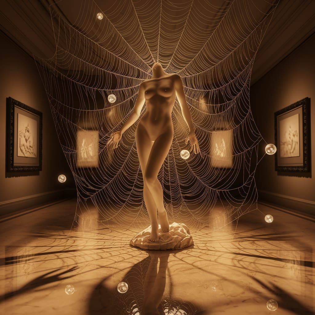 Ethereal Statue in a Tapestry of Spider Webs