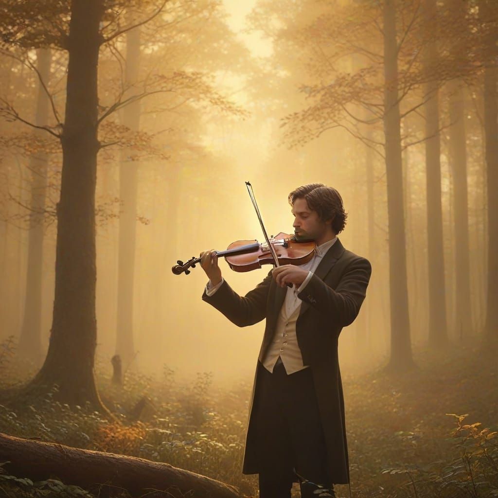 Elegant Oil Painting of a Violinist in a Misty Forest
