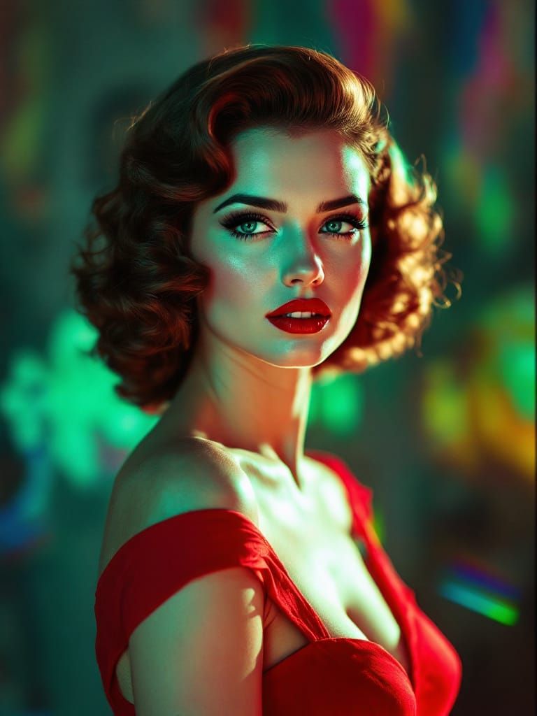 1950s Pin Up Woman in Red Dress with Prismatic Light Effects