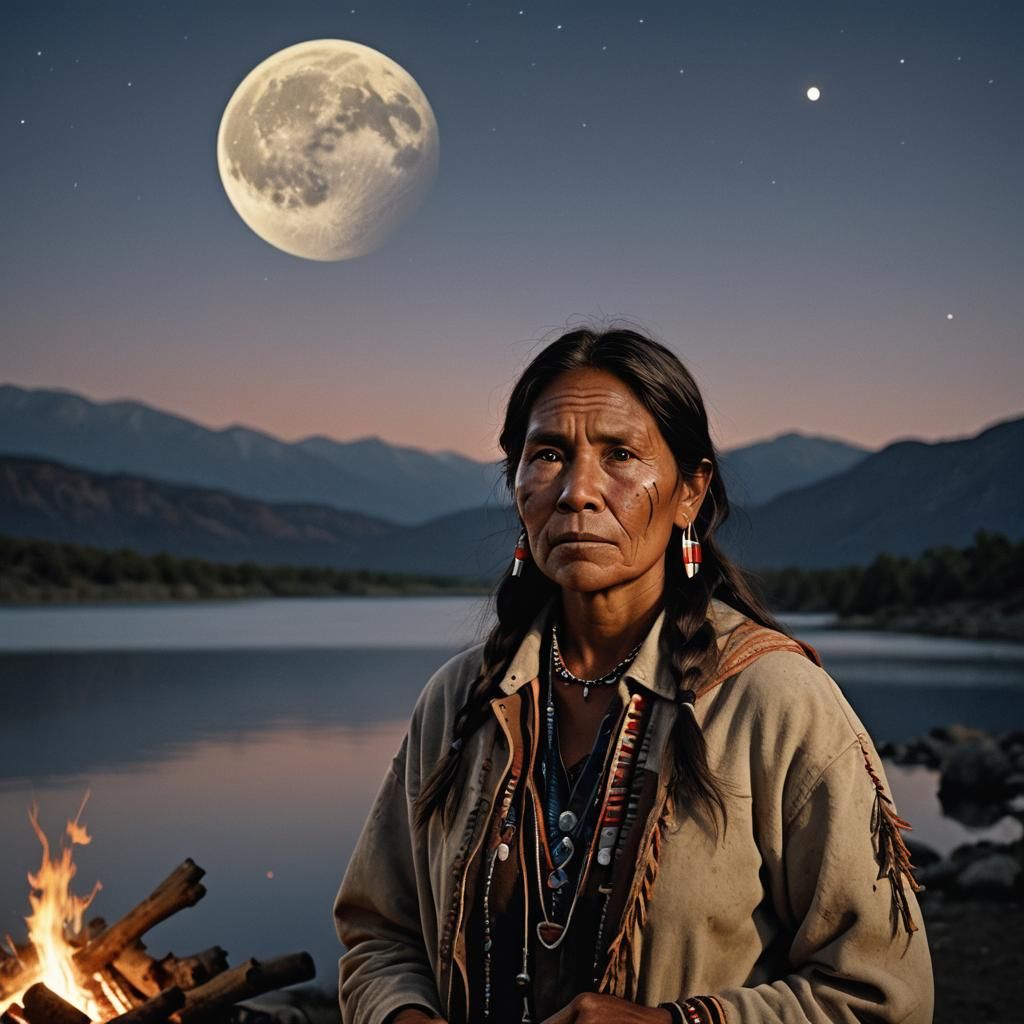 Native American Woman by Campfire Portrait
