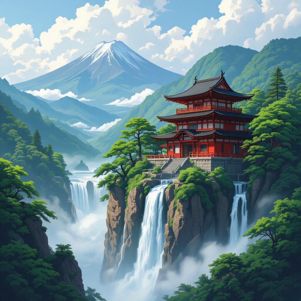 Vibrant Red Japanese House Overlooking Waterfall