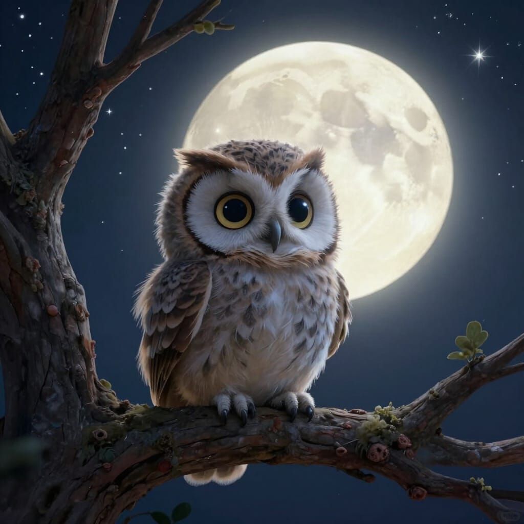 Adorable Baby Owl in Moonlight, Storybook Illustration