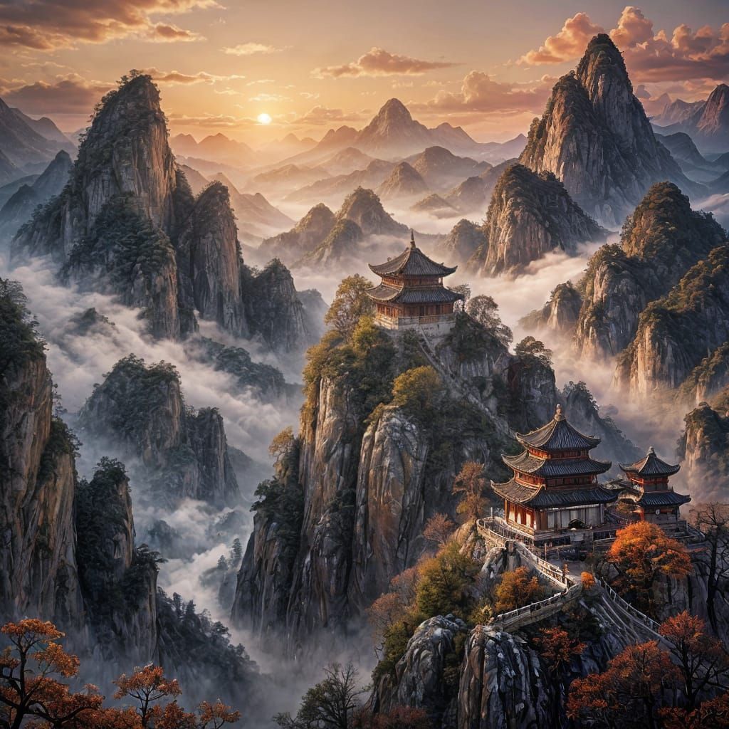 Majestic Chinese Mountains at Sunset in Landscape Style