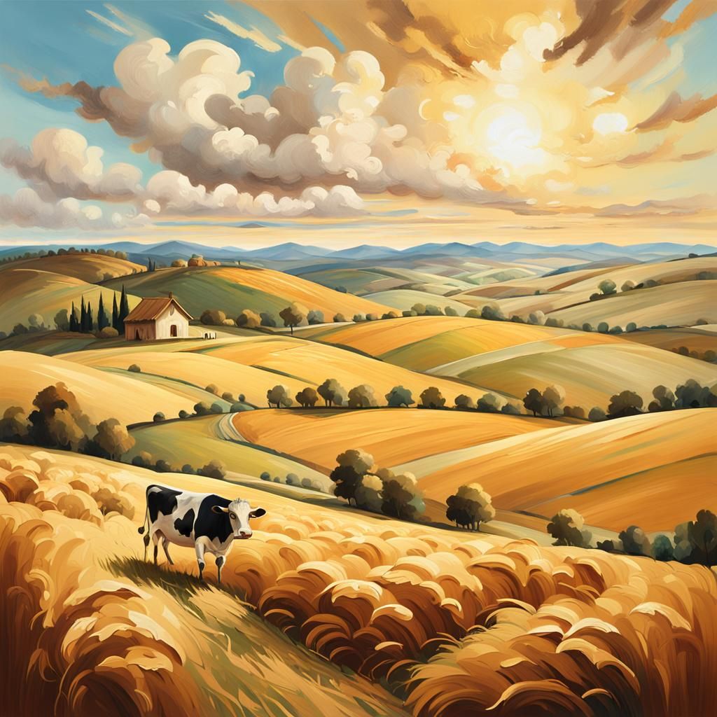 Baroque Landscape: Cow Grazing at Sunset