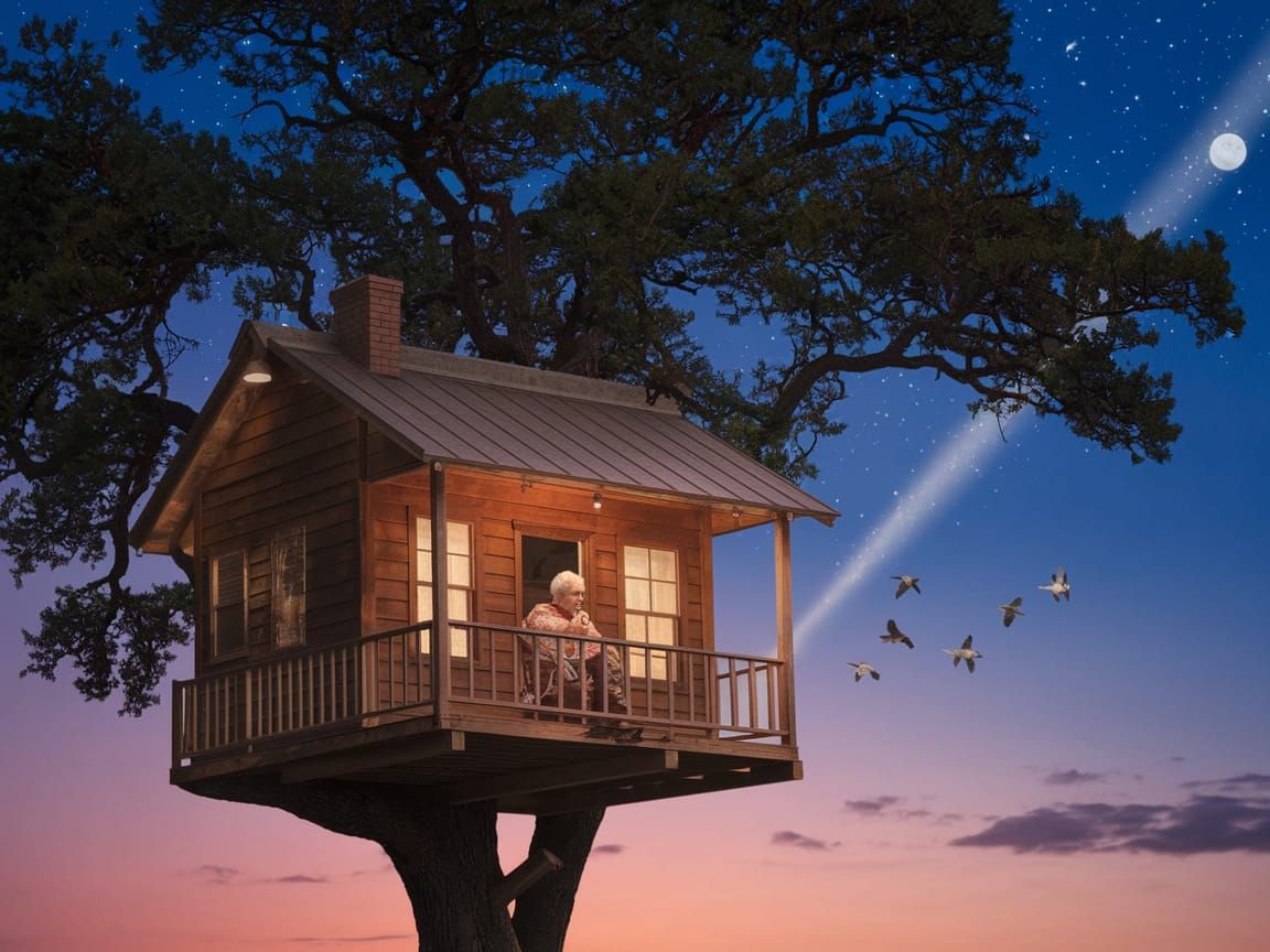 Cozy Grandma's Treehouse Sanctuary Under Twilight Skies