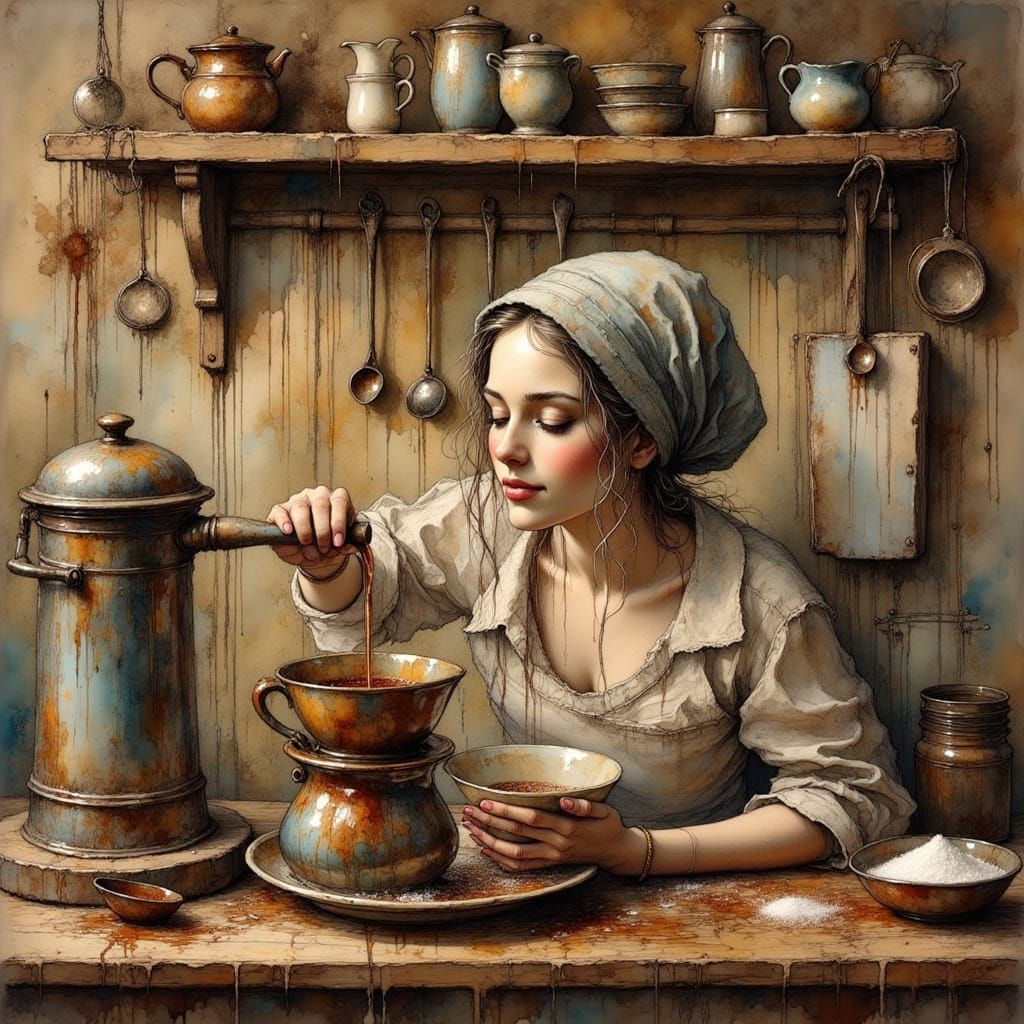 Woman Bathes in Coffee Stream, Whimsical Dreamlike Art