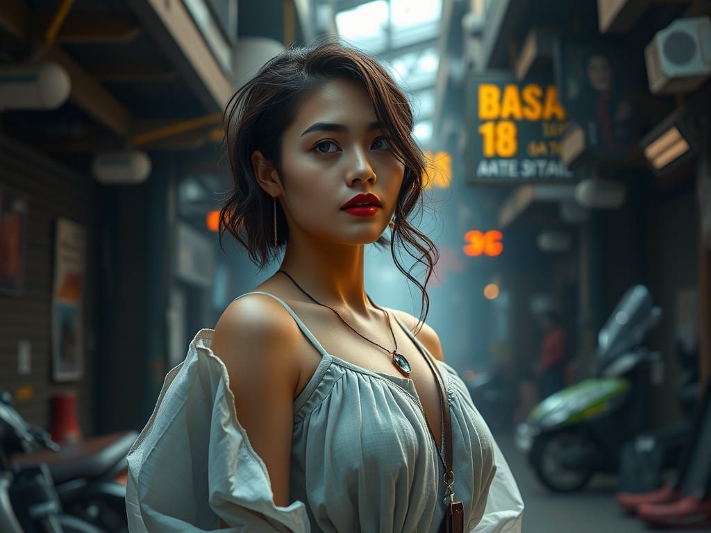 Contrasting Elements Surround Poised Woman