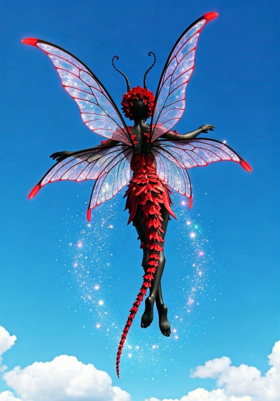 Radiant Dark Fairy in Sunny Sky, Photorealistic Art
