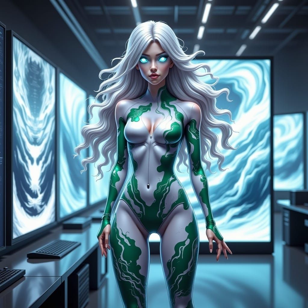 Hyperreal Female Professor Monitors Storm Hologram