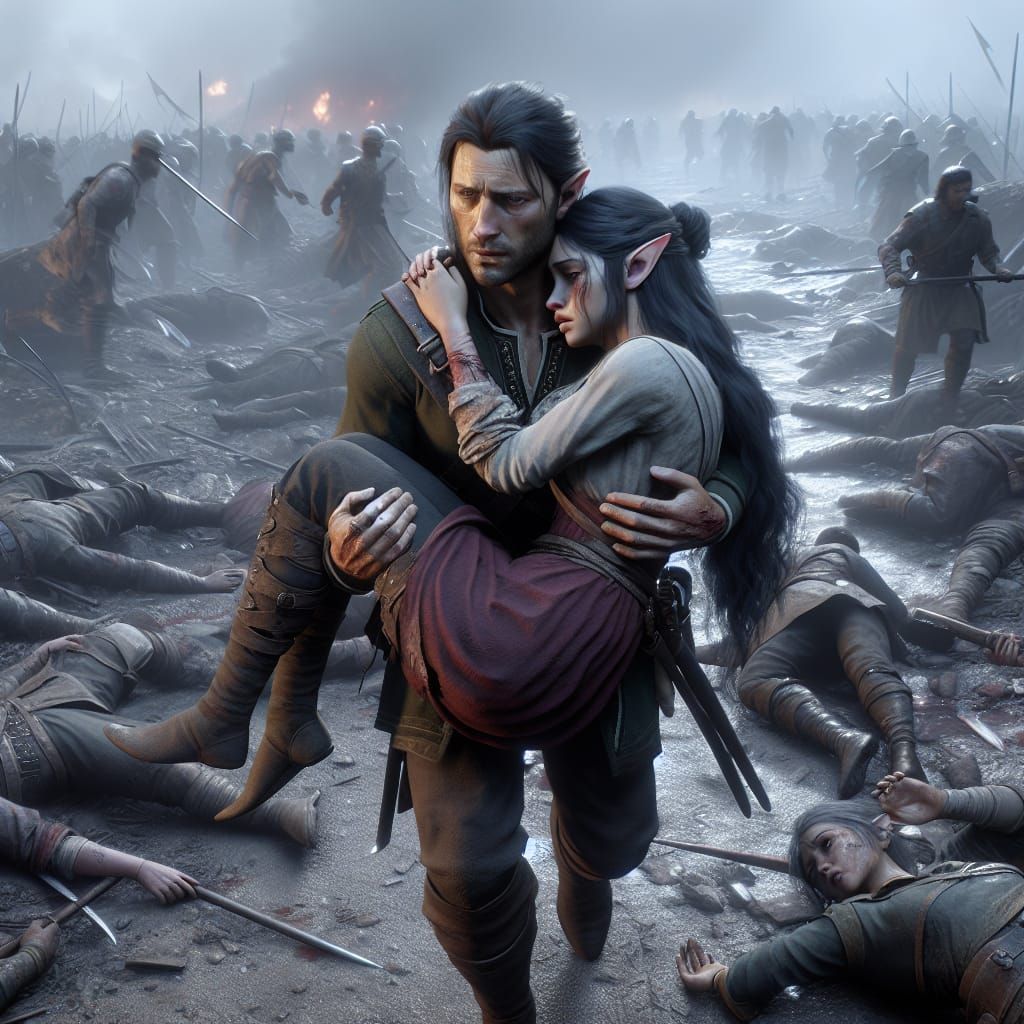 Braenin carrying Kestrani through the battle field to get her to the healers tent