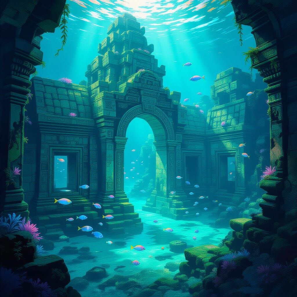 Submerged Temple Ruins with Bioluminescent Flora