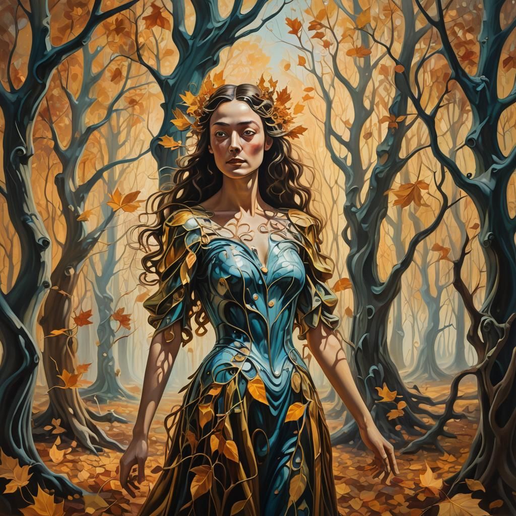 Autumn Fae in Surrealist Dreamscape as Oil Painting