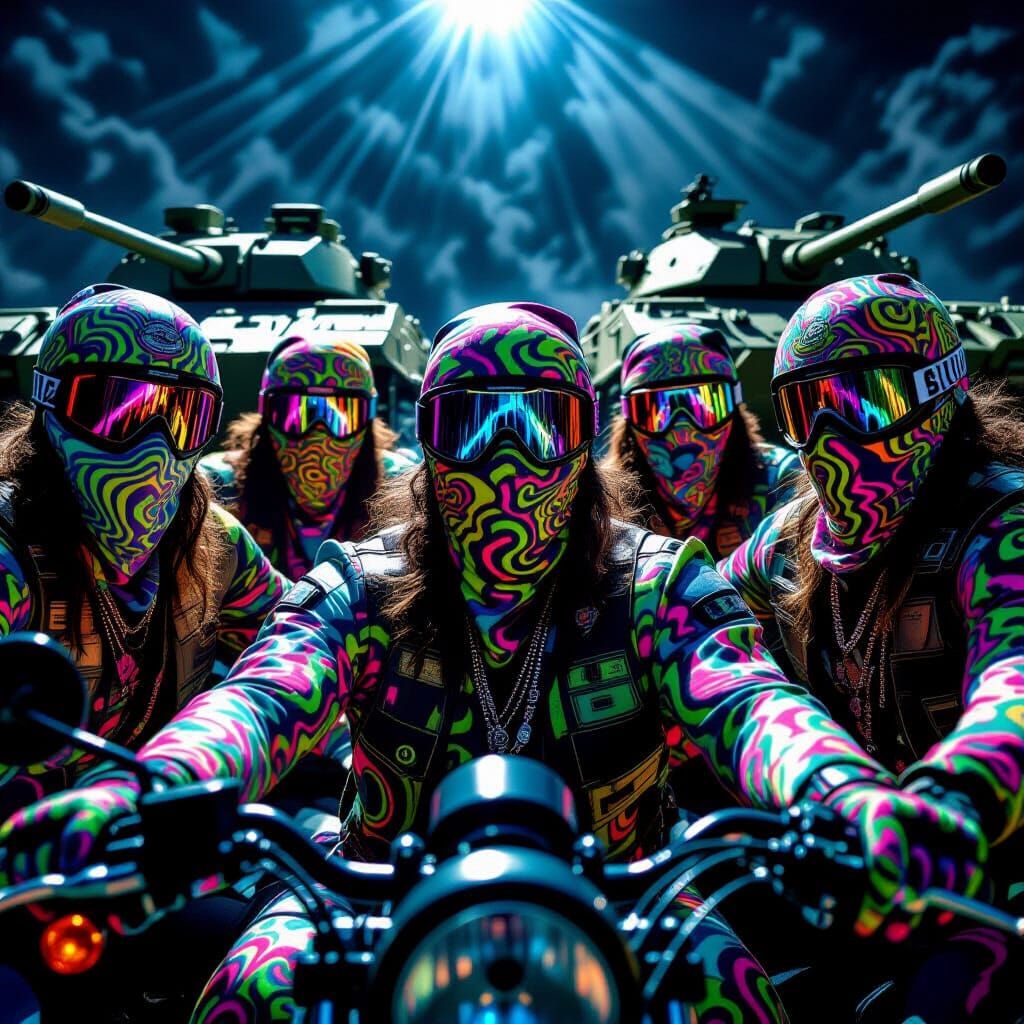 Psychedelic Bikers Confront Military Tanks in Neon Glow