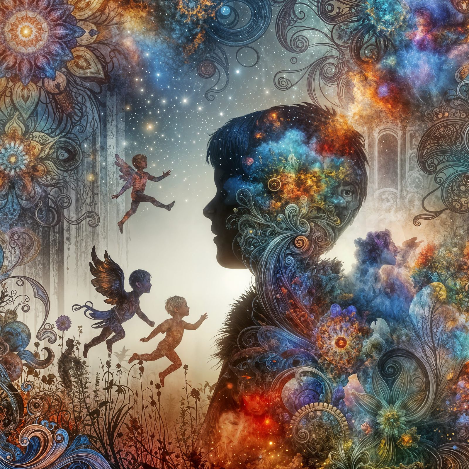 Vibrant Double Exposure of Child's Fantasy Realm