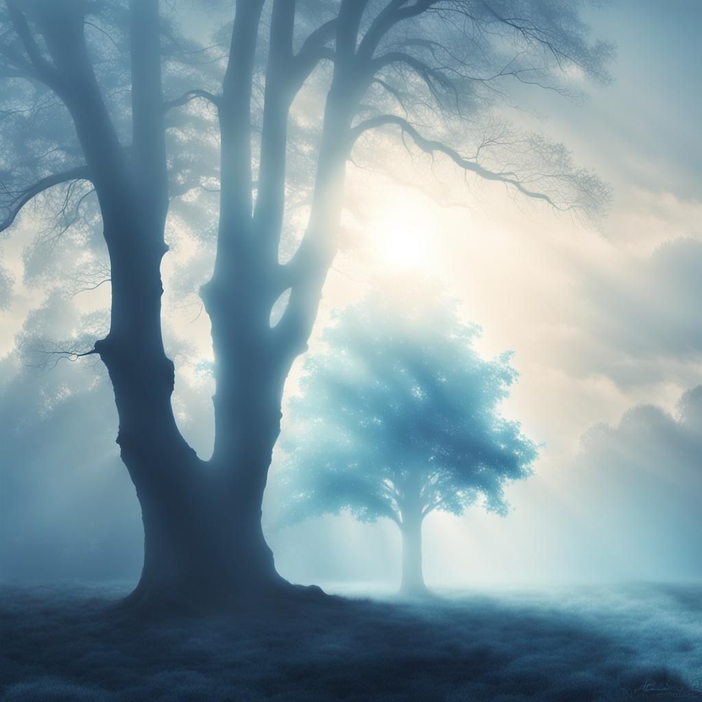 Monochromatic Blue Landscape with Sunshine Beams