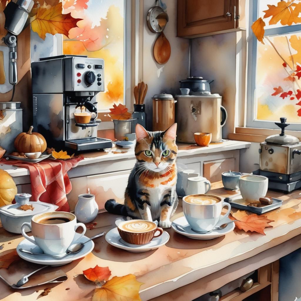 Autumn Cat in Kitchen: Watercolor Art