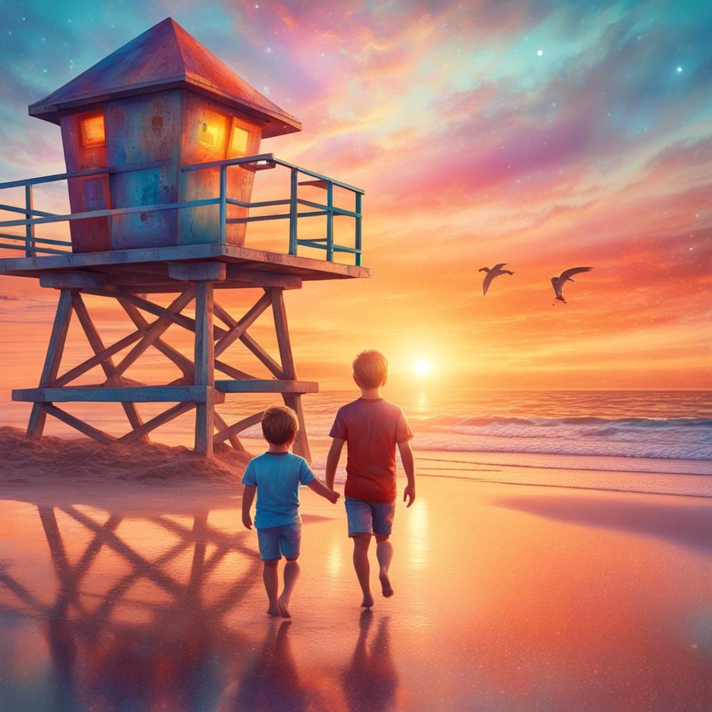 Beach Walk at Sunrise: Cosmic Holographic Illustration