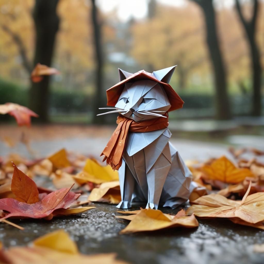 Origami Cat Traveler in Autumn Park