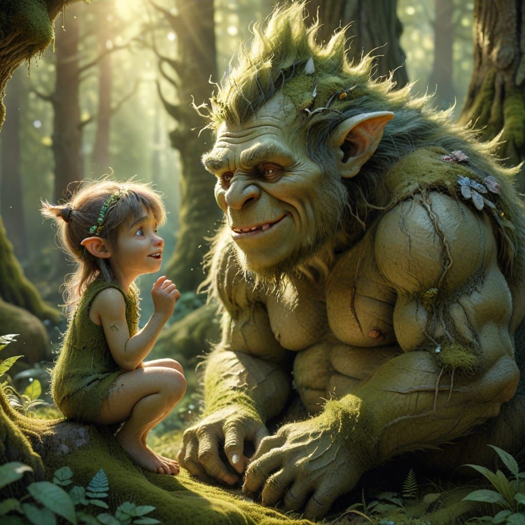 Troll and Child Converse in Dreamy Forest