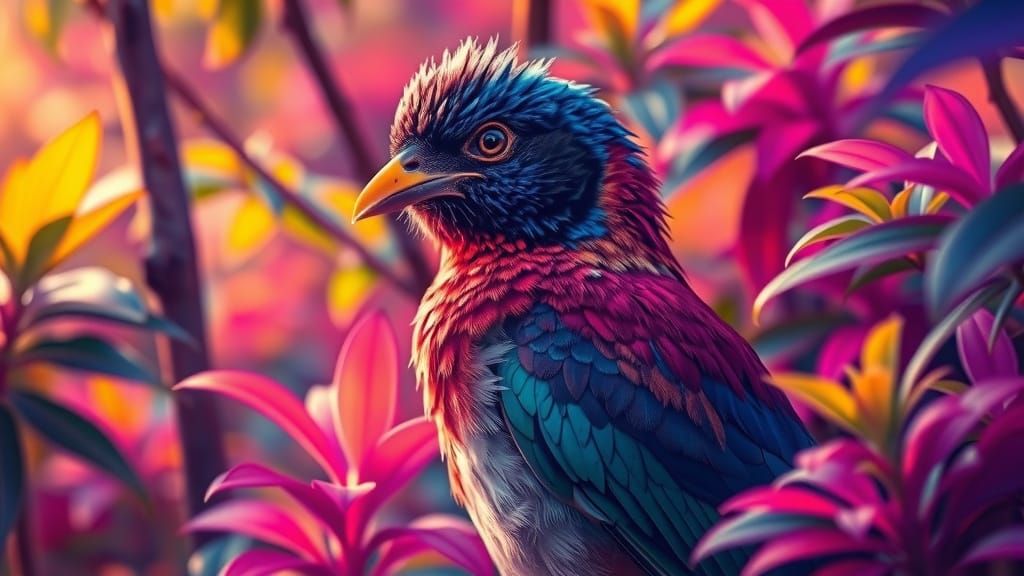 Neon Bird in Lush Forest: Stylized Digital Art