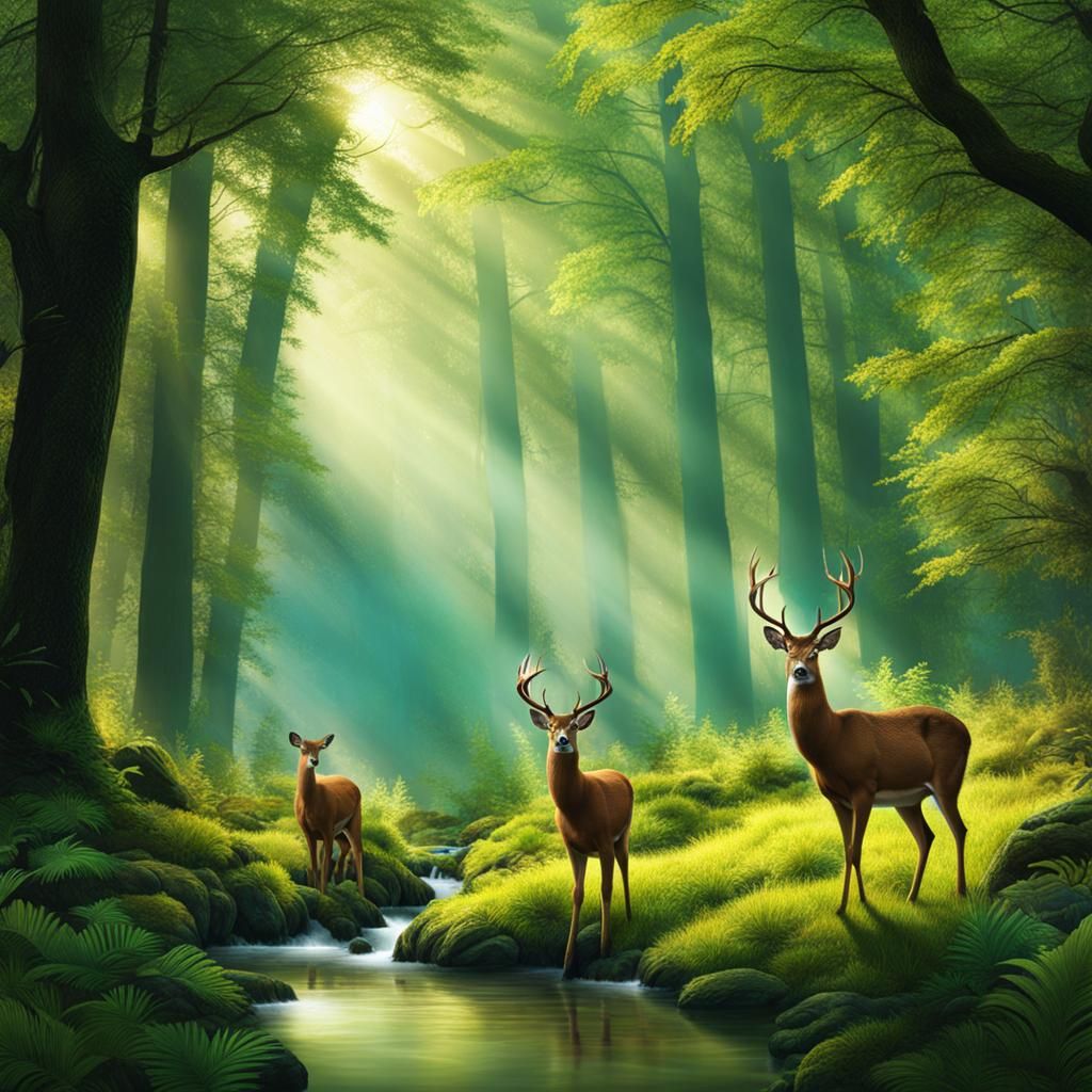 Enchanted Forest with Deer and Peacocks