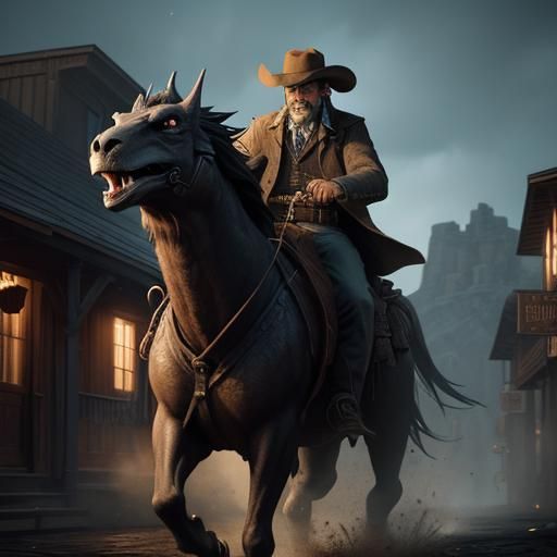 Cowboy Riding a Dragon in Old West Town: 3D Cinematic