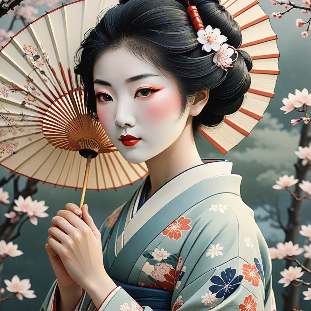 Serene Geisha in Japanese Garden, Woodblock Print Style