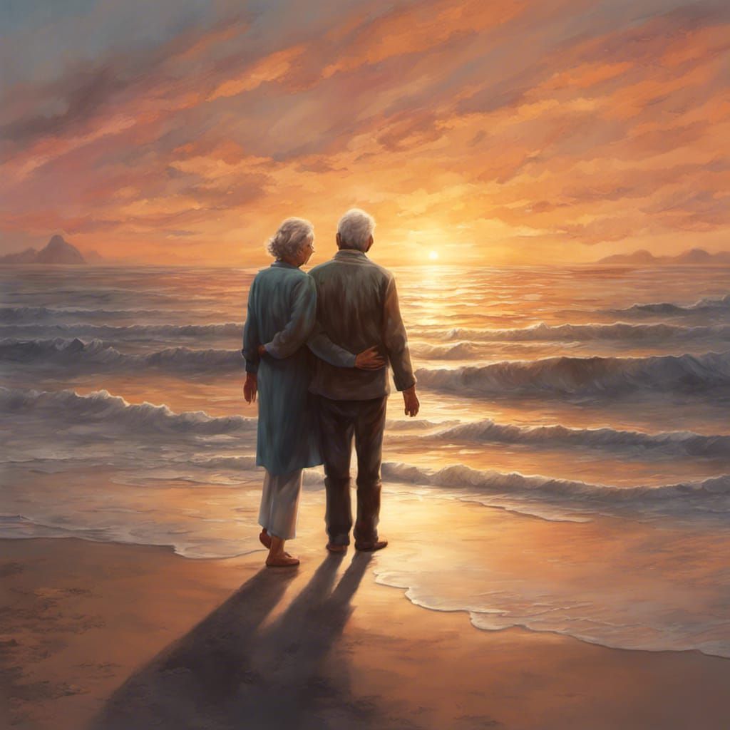 Romantic Sunset Beach Scene of Elderly Couple