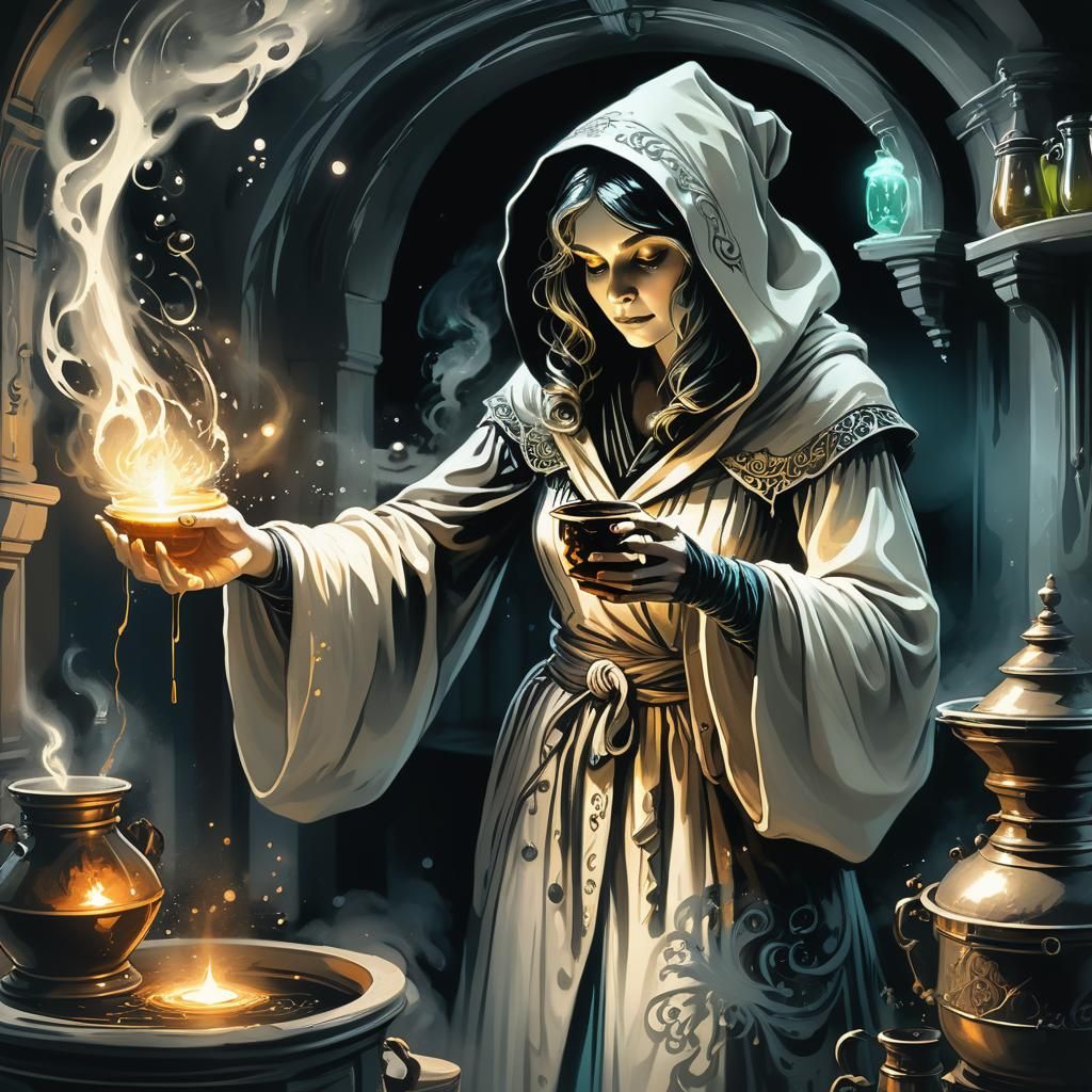 Eerie Kitchen Witch Brewing Potion, Charcoal Drawing
