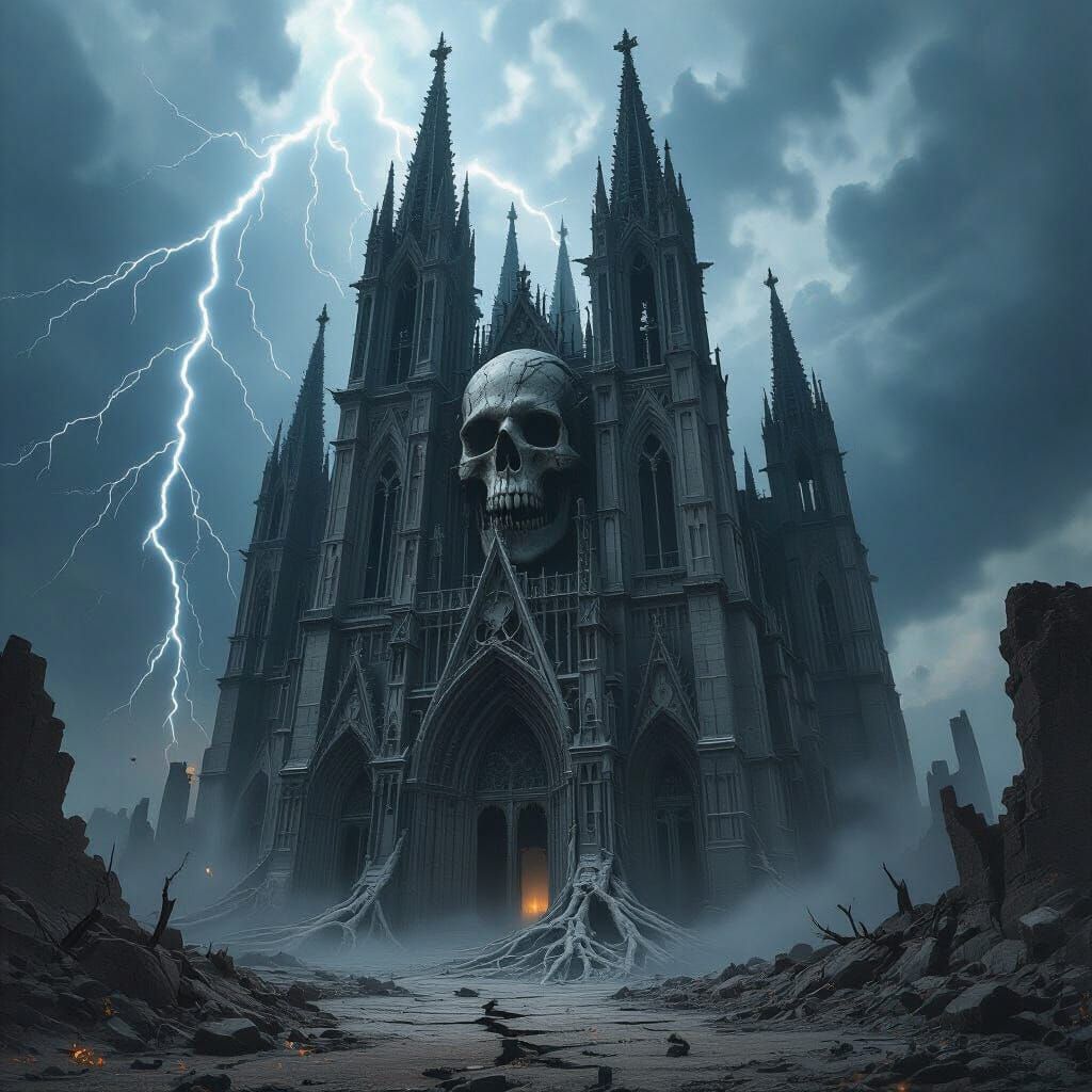 Skeletal Cathedral Rises from Cracked Earth in Horror Art St...