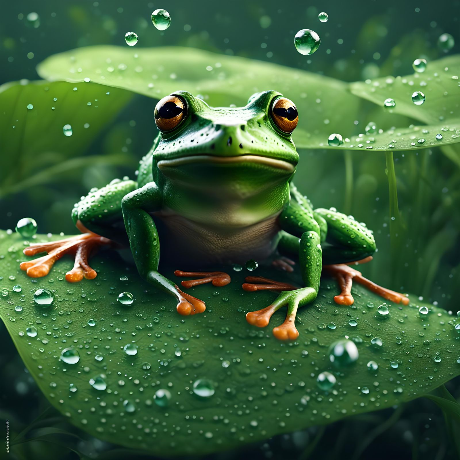 Green Frog on Dewy Leaf: Detailed Matte Painting