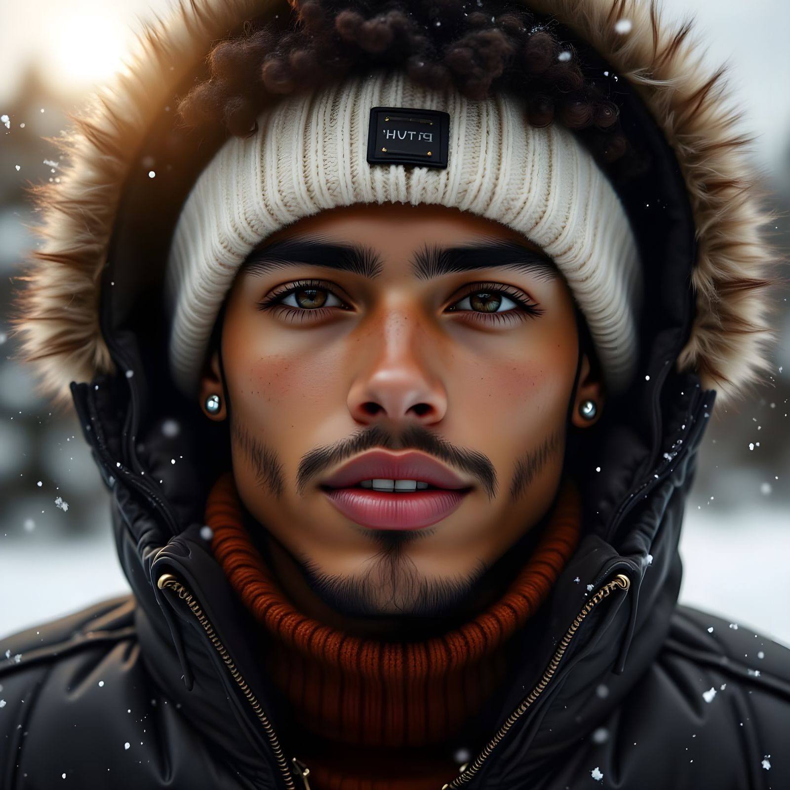 Hyperrealistic Portrait of Young Man in Winter Clothing