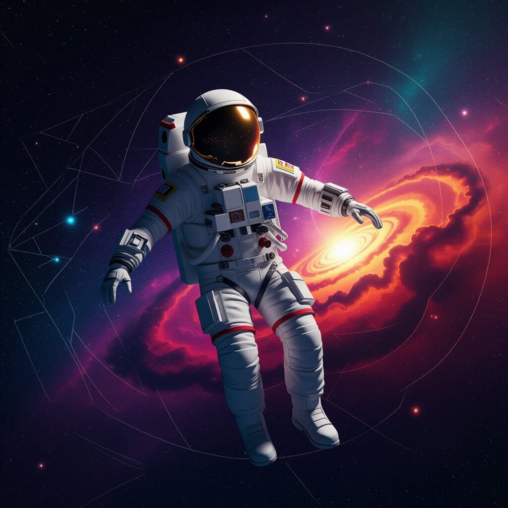 Astronaut Drifting Through Nebula in Cubist Art Deco Style