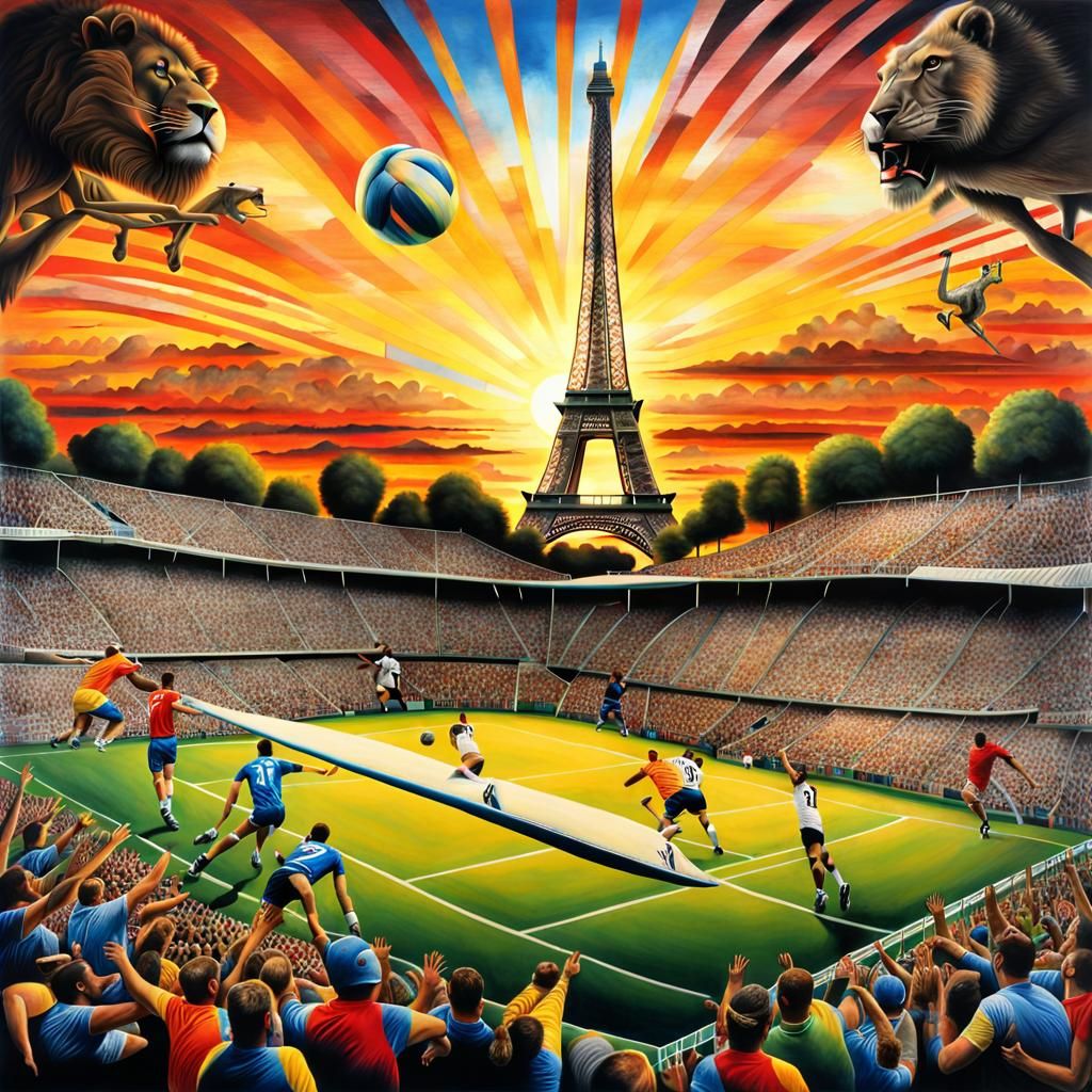 Animal Olympics Volleyball at Sunset: Surreal Charcoal Drawi...