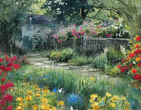 Sunlit Garden in Shadowy Backyard, Watercolor Style