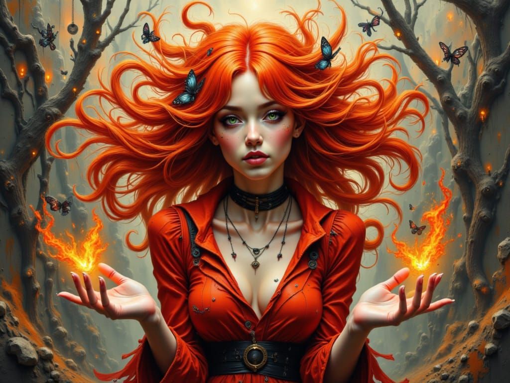 Red-Haired Girl with Fire Butterflies, Impressionistic Style